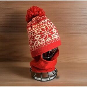 Vintage 100% Wool Fair Isle Nordic Balaclava Hat Beanie PomPom Red Retro 70s Ski